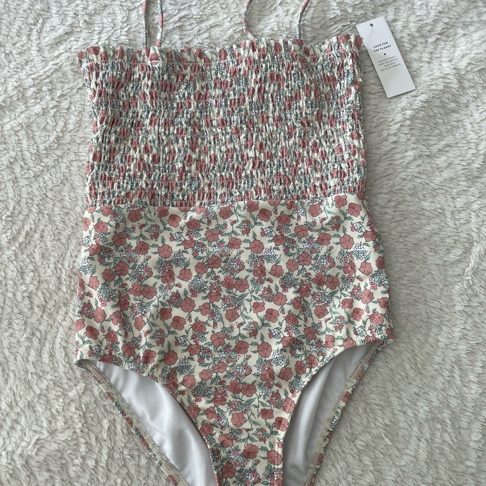 Janie and Jack Floral Kids Swim One Piece - Pink and White